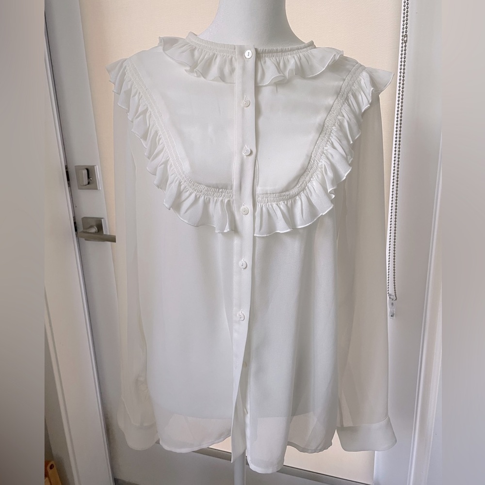 The Kooples Long Sleeve Sheer White Ruffle Long Sleeve Women’s Blouse Small
